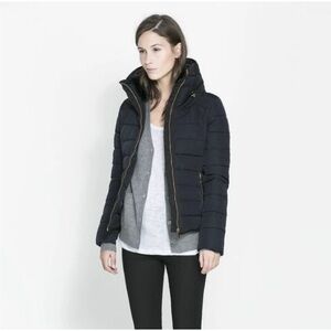 Zara Women's Dark Navy Quilted Hooded Puffer Jacket